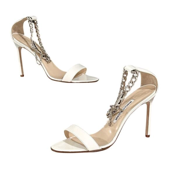 SOLD Manolo Blahnik Chaos Chain-Wrap White Patent Sandal Heels Size 39/9 - Picture 3 of 11